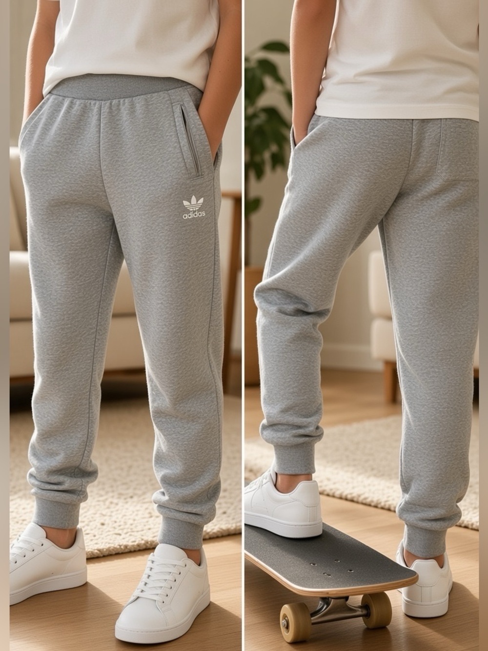 ADIDAS Grey Drawstring Joggers, Zip Pockets, Elastic Cuffs (7-8)